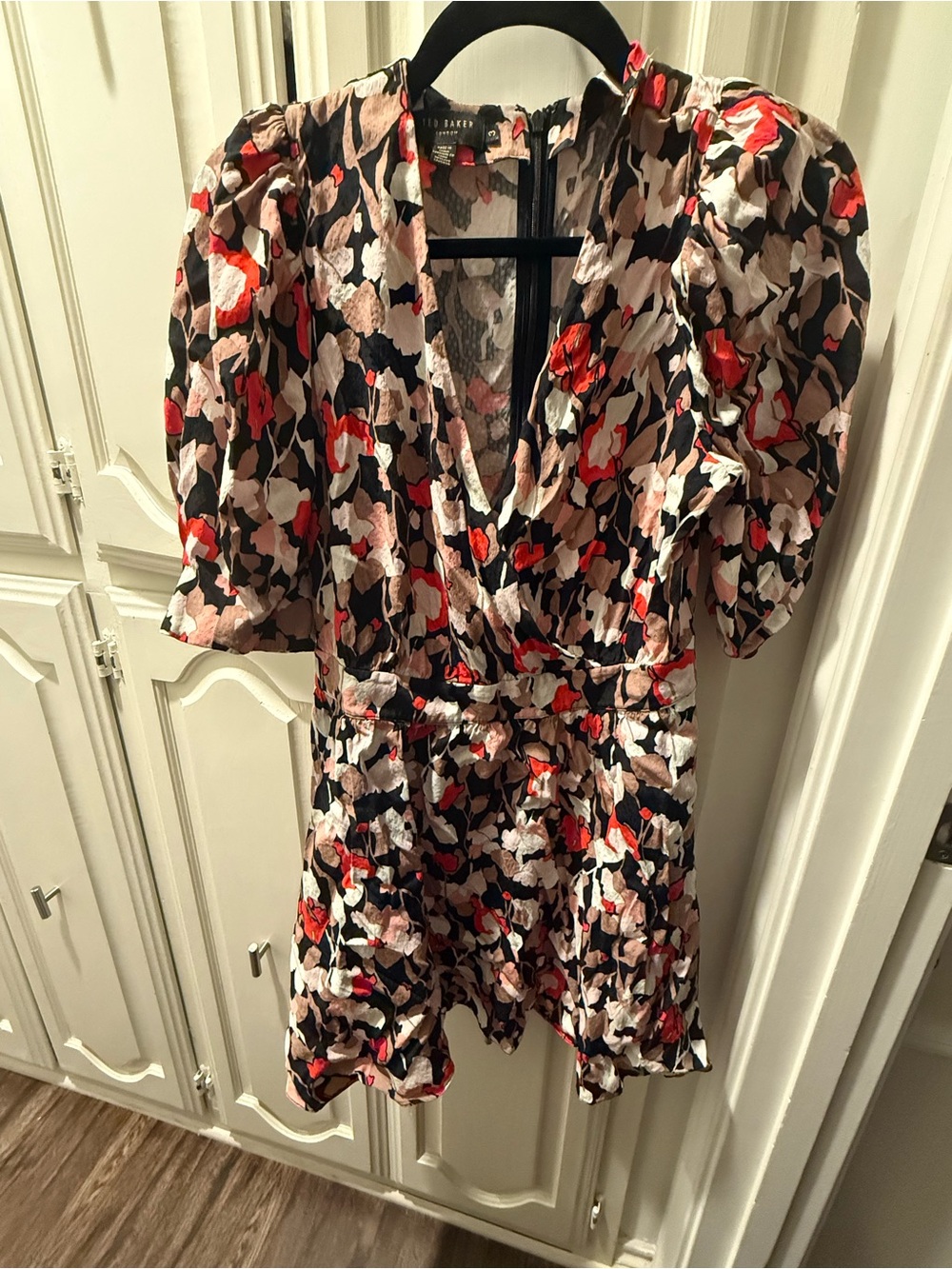 Ted Baker Black Floral Puff-Sleeve Romper with Red & Cream Accents
